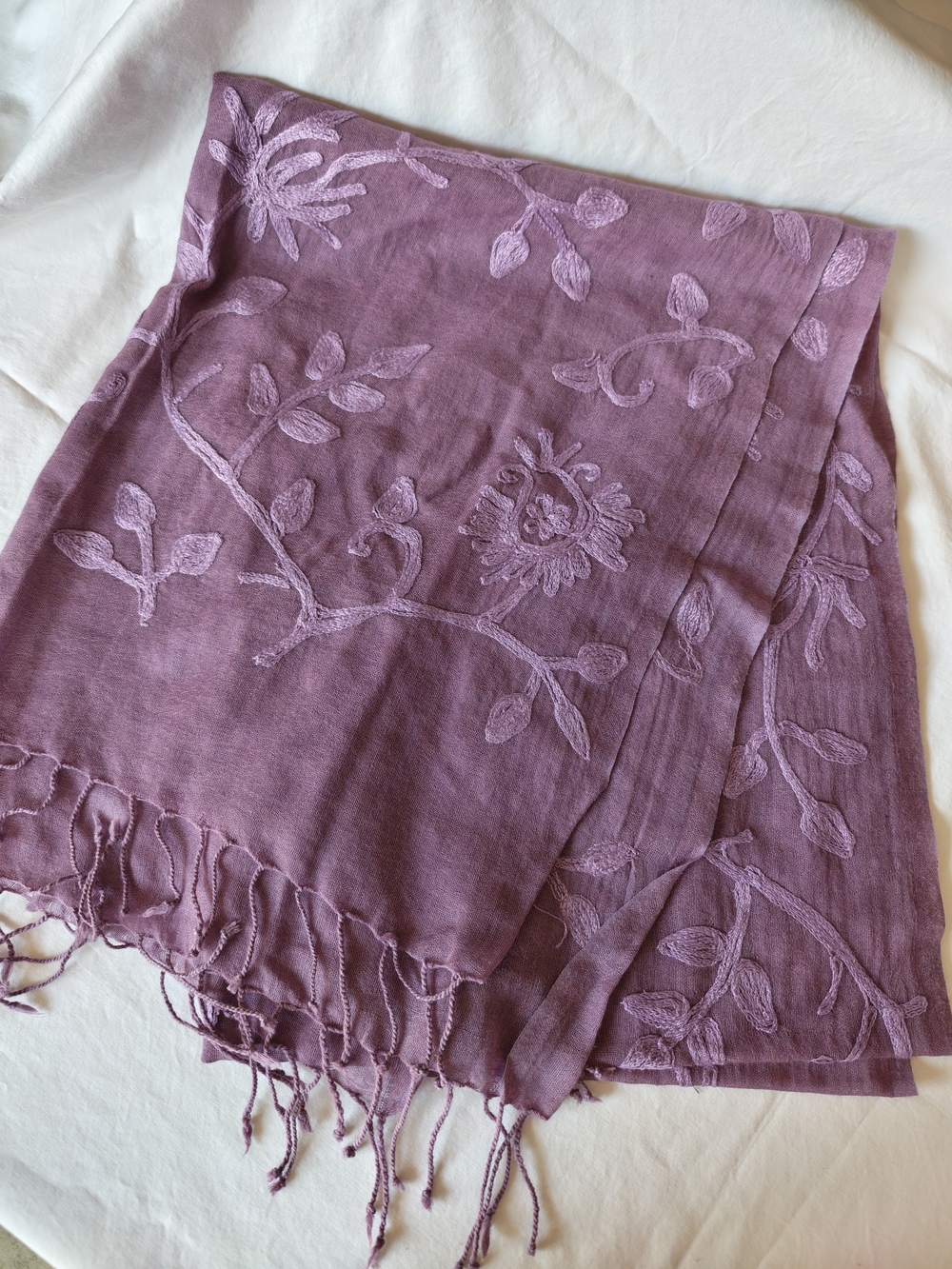 Embroidered Lavender Floral Scarf Wrap 100%wool